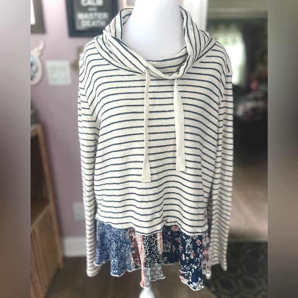 John Mark Navy and White Striped Cowl Neck Sweater
